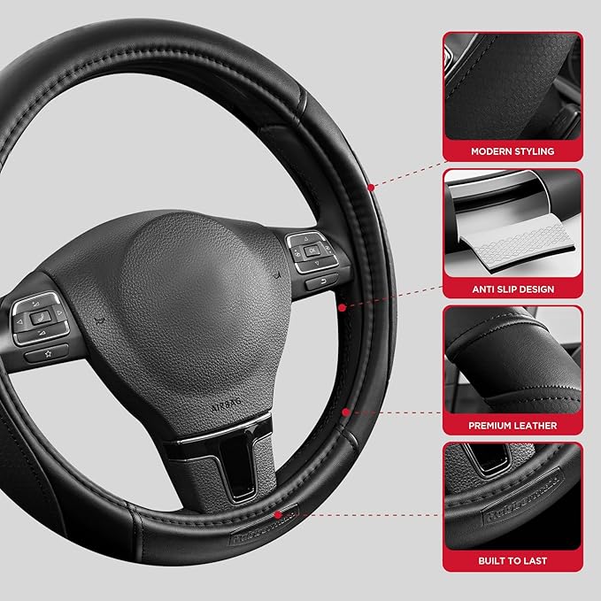 Rubbermaid Steering Wheel Cover – Universal Fit 14.5"–15" Steering Wheel Cover, Anti-Slip Grip, Breathable Leather, All-Season Protection, Interior Upgrade for Cars, Trucks, SUVs - Black