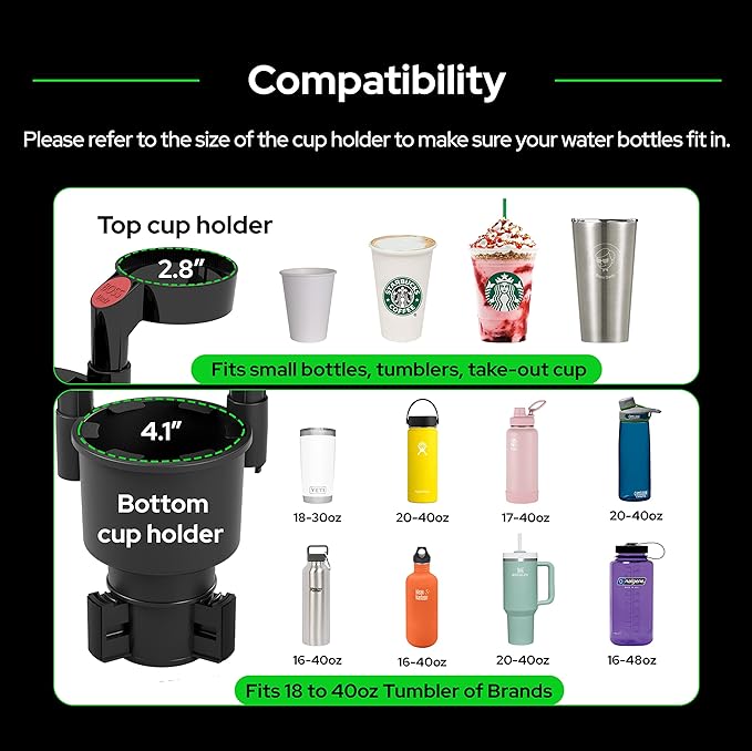 Triple Car Cup Holder Expander Adapter with Offset Adjustable Base and Large Bottles