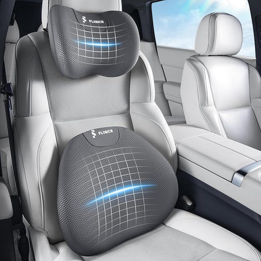 FLORICH Lumbar Support Pillow and Neck Pillow for Office Chair Car, Ergonomic Memory Foam Back Support for Office Gaming Chair Driving Seat Wheelchair, Relieves Neck, Back & Sciatica Pain – Grey