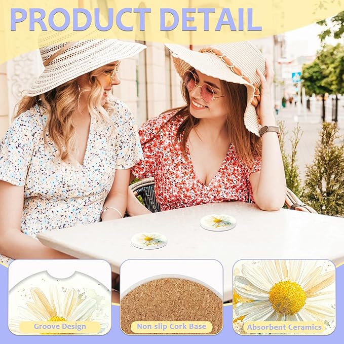 2 Pack Car Cup Holder Coaster-Watercolor Daisy Floral Absorbent Ceramic Coaster, Car Coasters for Cup Holders,Auto Accessories for Women & Men