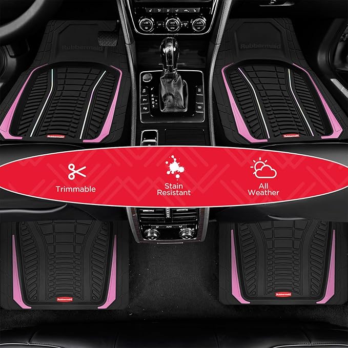 Rubbermaid Car Floor Mats Full Set – Premium All-Weather Car Mat with Brushed Aluminum Inserts, Universal Trim-to-Fit Design, Anti-Slip Backing for Cars, SUVs, Trucks, and Vans
