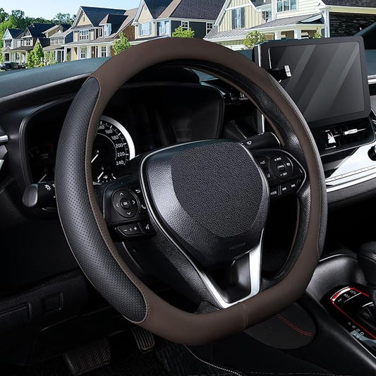 SEG Direct D Shaped Steering Wheel Cover for 14.5-15 inch Flat Bottom Wheels, Breathable Perforated Microfiber Leather, Anti-Slip Grip, Universal Fit for Cars & SUVs, Black and Brown