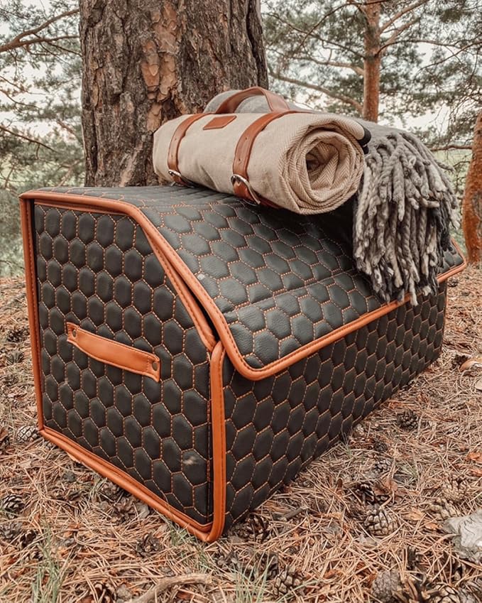 Owleys Sedan Trunk Organizer 17.7" Storage Tote For Groceries, Tools & Travel Gear - Foldable Eco-Leather Car Crate With Magnetic Lid | Stylish Presents For Drivers | Black-Brown (Hexy 17)