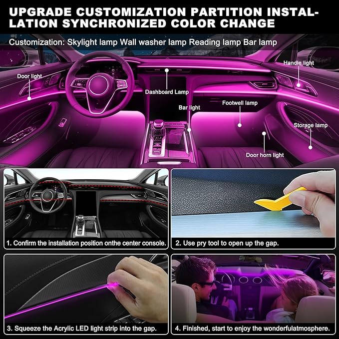 Acrylic Interior Car LED Strip Light with Wireless APP, RGB 14 in 1 with 175 inches 612 LEDs Fiber Optic Strip Lights for Car, Dual Zone Music Sync Neon Car Ambient Lighting Kits