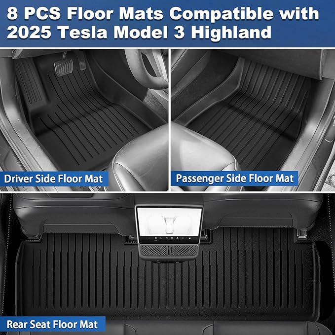Weize Floor Mats Fit for Tesla Model 3 Highland 2025 2024, TPE All Weather Cargo Liner Floor Mats and Cargo Trunk Mats Accessories Front Rear Cargo Mat Full Set of 8