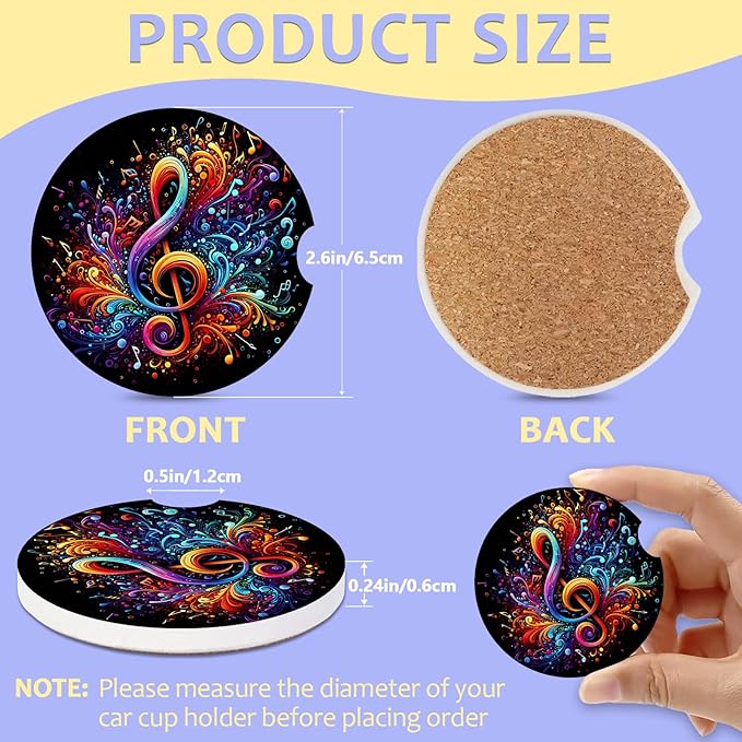 2 Pack Car Cup Holder Coaster-Colorful Music Note Absorbent Ceramic Coaster,Car Coasters for Cup Holders,Auto Accessories for Women & Men