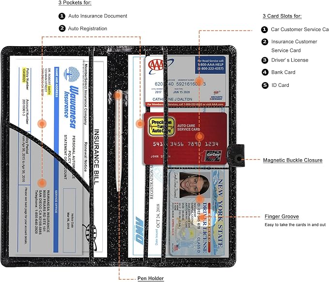 TOURSUIT Car Registration and Insurance Card Holder, Vehicle License Document Glove Box Compartment Organizer, Interior Car Accessories for Women Men (Glitter Black)