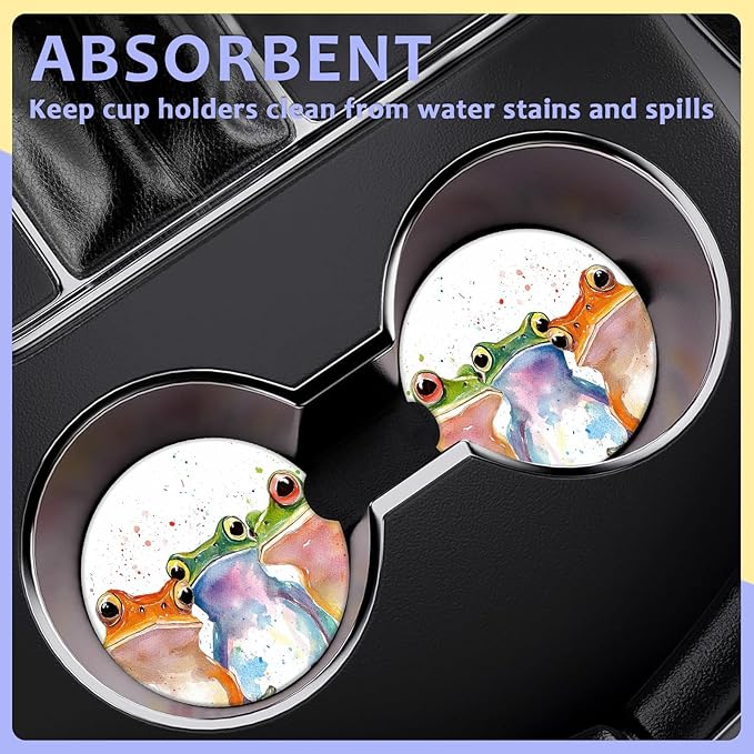 2 Pack Car Cup Holder Coaster-Watercolor Frog Absorbent Ceramic Coaster, Car Coasters for Cup Holders,Auto Accessories for Women & Men