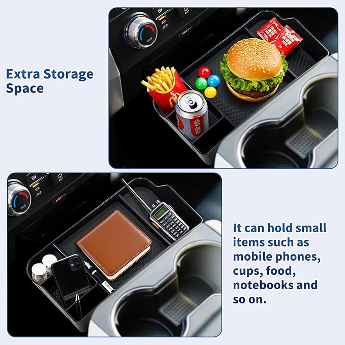 Upgraded Front Center Console Organizer Fit for 2011-2025 Ford F150 F250 F350 F450 F550 F650 Super Duty Accessories- Jump Seat Headrest Replacement with Cup Holder Tray (BLACK)