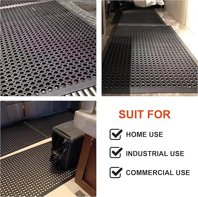 OrangeStar 2 Pack Rubber Floor Mat, 36"x60" Anti-Fatigue Door Mat w/Holes for Restaurant, Kitchen, Bar, Indoor/Outdoor, Black