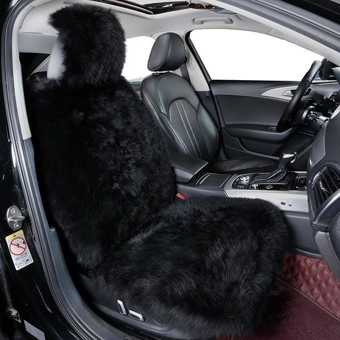 Fluffy Sheepskin Car Seat Cover-Fuzzy Fur Auto Cushion for Universal Automotive Protector (Black, 1 Pcs Front Seat Cover)
