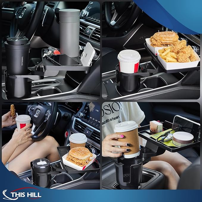 This Hill Cup Holder Tray for Car, 2 in 1 Detachable Car Food Table Tray with Solid Base & Phone Slot,Car Cup Holder Expander with 360°Rotation Tray for Travel Road Essentials