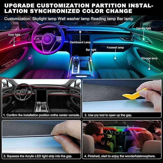 Acrylic Interior Car LED Strip Light with USB/Type C, Dreamcolor 10 in 1 with 187 inches 650 LEDs Ambient Lighting Kits, Sound Active Function Neon Accessories