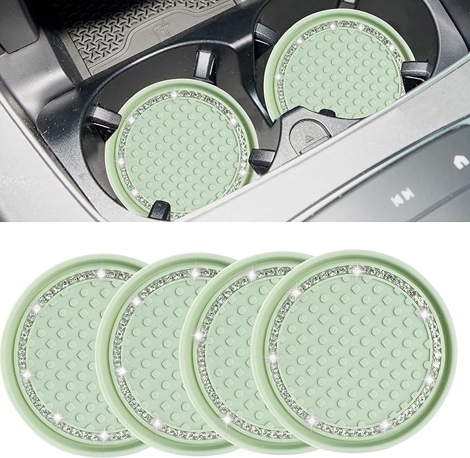 Amooca Car Cup Coaster 4 Pack Universal Non-Slip Cup Holders Insert Coasters Bling Crystal Rhinestone Car Interior Accessories Tea Green Dots