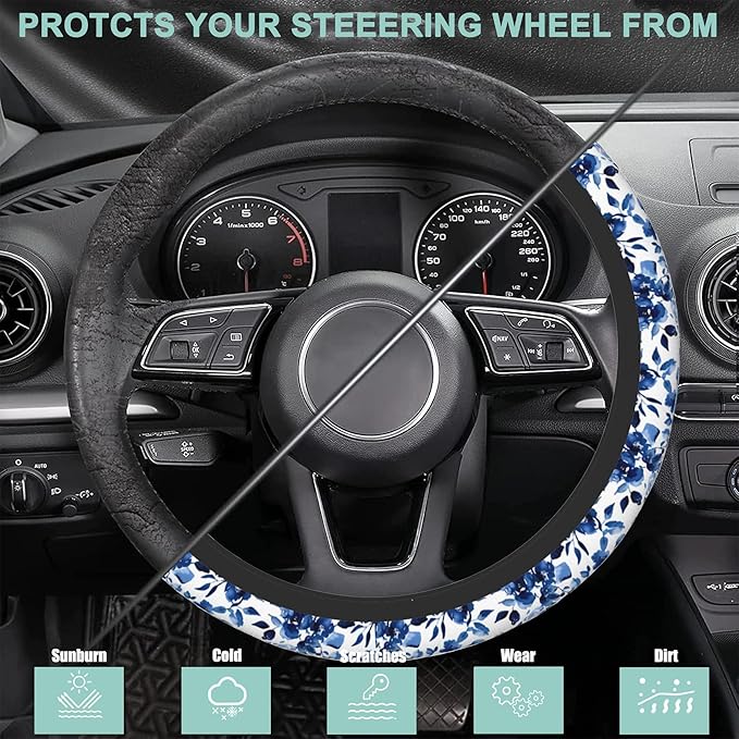 Watercolor Blue Flowers Steering Wheel Cover for Women Men,Anti-Slip Breathable Car Steering Wheel Cover Elastic Protection with 2 Pieces Car Coasters,Universal 15" Fit Auto,Suvs,Truck