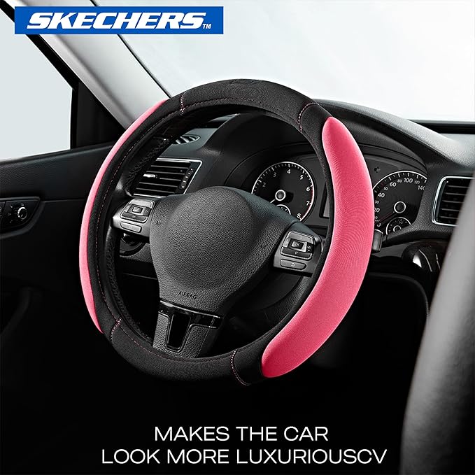 Skechers Pink Steering Wheel Cover, Memory Foam Car Steering Wheel Cover,14.5-15inch Anti-Slip Safety Comfortable Desgin, Universal Accessory for Diverse Cars, Truck,SUV (Black & Pink)
