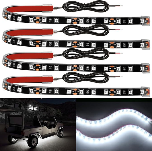YM E-Bright 4Pcs Led Strip Lights for Car, 12inch Waterproof IP68 Car Underglow Strip Lights Decoration 18SMD 12V Led Interior Exterior Lights Strip for Cars Motorcycles Truck Golf Cart Boat - White