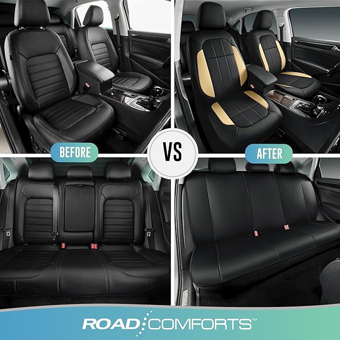 Road Comforts Car Seat Covers, Breathable Leather Seat Covers, Car Seat Covers Full Sets Airbag Compatible, Automotive Seat Covers for Most Cars, Vans, Trucks, SUV - Beige