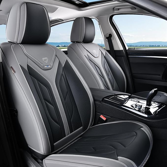 Coverado Car Seat Covers Full Set, Automotive Seat Covers Car Seat Protector Car Seat Cushion, Waterproof Leather Seat Covers for Cars, Universal Fit for Most Sedans SUV Pick-up Truck(Gray&Black)