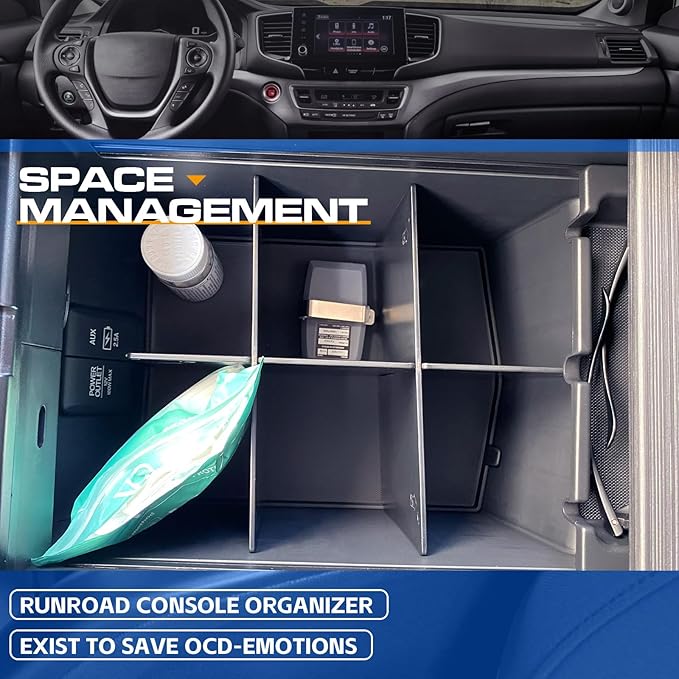 RUNROAD Center Console Organizer for Honda Pilot (2016-2022)/ Ridgeline (2017-2023)/ Passport (2019-2023) Accessories, Armrest Box Insert Dividers