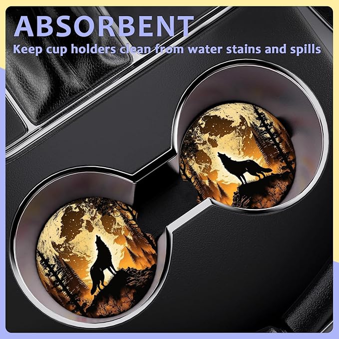 2 Pack Car Cup Holder Coaster-Wolf Full Moon Absorbent Ceramic Coaster,Forest Car Coasters for Cup Holders,Auto Accessories for Women & Men