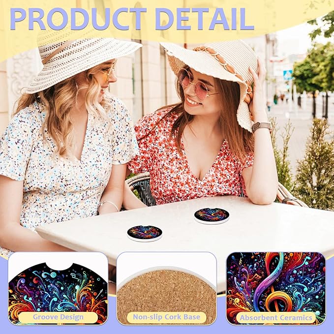 2 Pack Car Cup Holder Coaster-Colorful Music Note Absorbent Ceramic Coaster,Car Coasters for Cup Holders,Auto Accessories for Women & Men
