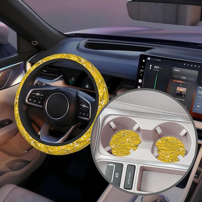Yellow Botanical Floral Steering Wheel Cover for Women, Anti-Slip Car Steering Wheel Cover with 2 Pcs Cup Holders Neoprene Breathable Car Accessories Universal 15 Inch Auto Interior Decor
