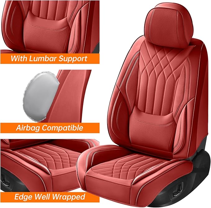 Red Car Seat Covers Front Seats, Luxury Leather Automotive Seat Covers with Lumbar Support, Red Car Inner Accessories Seat Protector Universal Fit for Most Cars Trucks Pick-ups SUV