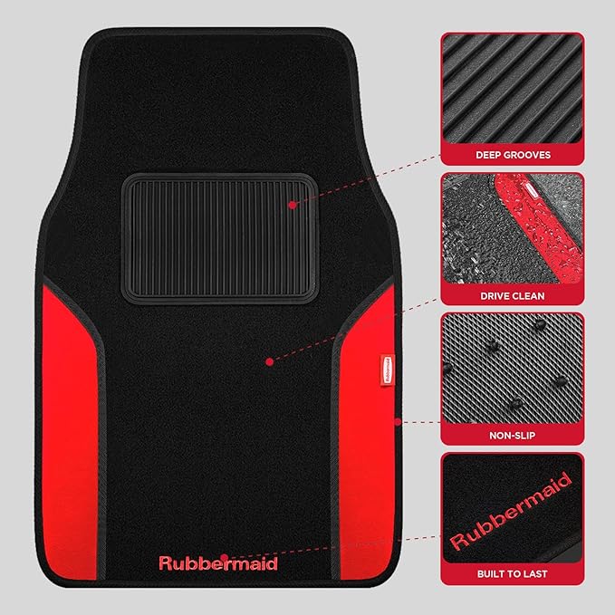 Rubbermaid Car Mats, Carpeted Floor Car Mat with Faux Leather & Built-in Heel Pad, Two-Tone Car Rug Floor Mats, Stylish Carpeted Floor Mats for Cars, Trucks & SUVs Red Color