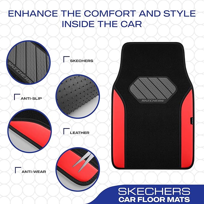 Skechers Car Floor Mats,Waterproof Universal Fit Faux Leather Car Mats,Floor Mats for Cars with Anti-Slip Heel Pad,Fit for SUVs,Vans,Sedans,Trucks,Red