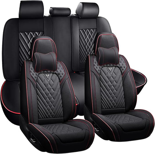 Universal Leather Seat Cover for Cars - Front and Rear Auto Protector, Wear-Resistant Cushion for 5 Seats With Headrest (Black & Red)