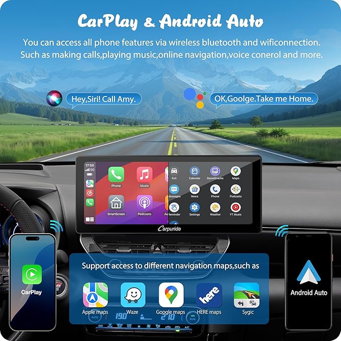 Carpuride W103 Pro with Wireless Bluetooth Transmission Portable Carplay & Android Auto Car Stereo, 10.3 inch 1080P Touch Screen, Mirror Link/GPS/Siri/FM, with 3 Bracket