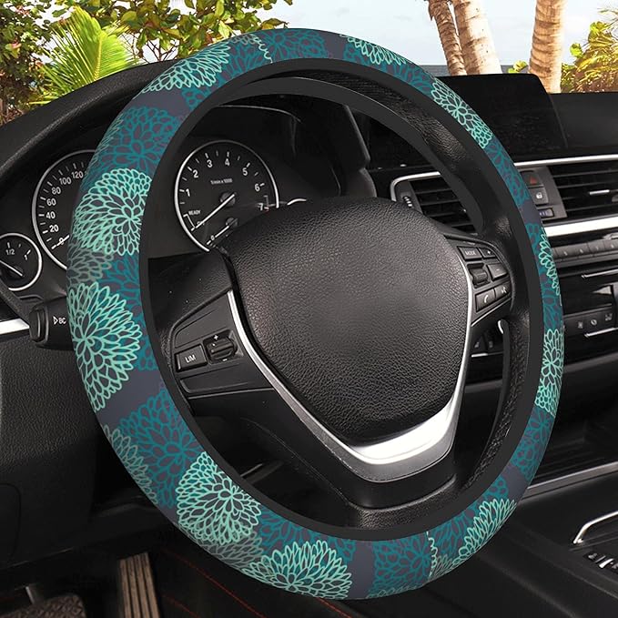 Abstract Green Blue Dahlia Steering Wheel Covers Universal 15 Inch Car Wheel Cover,Anti-Slip Breathable Car Accessories Protector Fit for Trucks,Sedans,SUVs,Vans