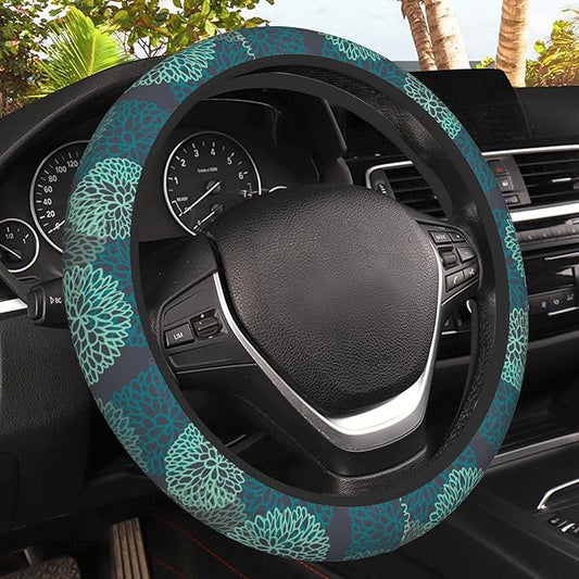 Abstract Green Blue Dahlia Steering Wheel Covers Universal 15 Inch Car Wheel Cover,Anti-Slip Breathable Car Accessories Protector Fit for Trucks,Sedans,SUVs,Vans