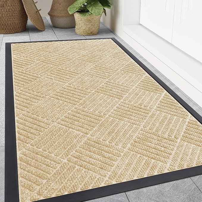 Smiry Front Door Mat Outside Entrance, Heavy Duty Outdoor Indoor Natural Rubber Doormat, Non Slip, Trap Dirt and Moisture, Easy Clean, Low Profile Patio Porch Entryway Mat, 59x35, Beige