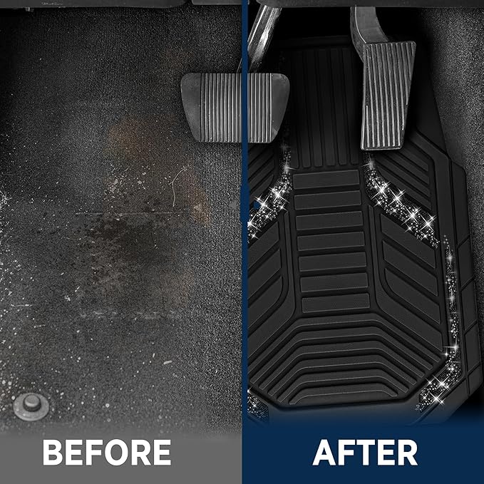 PIC AUTO Car Floor Mats, Black Sparkly Crystal Bling Glitter Car Mats Set, Front and Rear Heavy Duty Rubber Car Mats with Anti-Slip Backing, All Weather, Trim-to-Fit for Automotive SUVs, Sedan, Vans