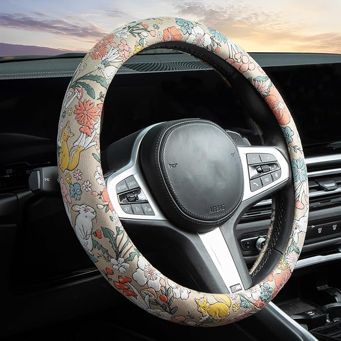 White Rabbit Mushroom Steering Wheel Cover Auto Jacquard Steering Wheel Protector, Anti-Slip, Breathable, Absorbing Sweat, Universal Mushroom Car Accessories 14.5–15 inch,Fit for Most Car, Trucks, SUV