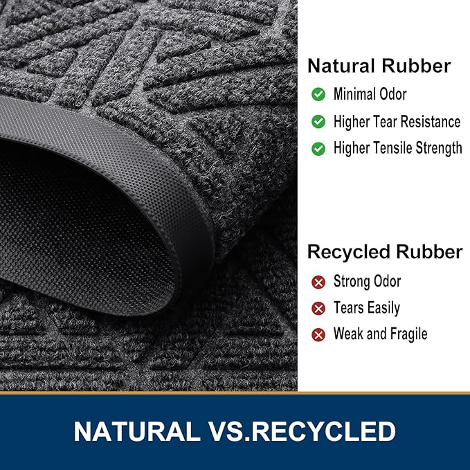 Smiry Front Door Mat Outside Entrance, Heavy Duty Sturdy Natural Rubber Doormat, Trap Dirt and Moisture, Easy Clean Low Profile Mats for Indoor Outdoor Entry, Grid Geometric (47x24, Grey)