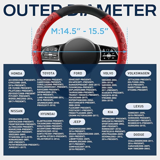 PIC AUTO Massage Steering Wheel Cover, Red Football Pattern Material Spliced Leather Car Steering Wheel Protector, Car Interior Accessories, Universal Fit 14.5"-15.5" for Cars, Trucks, Van, SUV