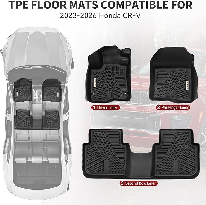 YITAMOTOR Floor Mats Fit for Honda CR-V 2023 2024 2025 (Include Hybrid), All Weather CRV Floor Liners TPE Accessories 1st & 2nd Row, Black