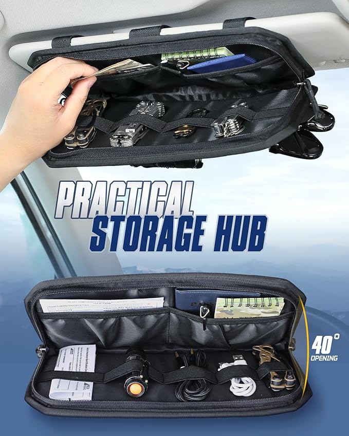 WYNEX Molle Car Sun Visor Organizer, Original Design Car Accessories with Zipper Visor Storage Pouch & Glasses Clip, Semi-Rigid Molle Panel for Tactical Gears, Fits Most Vehicles, SUVs, Trucks