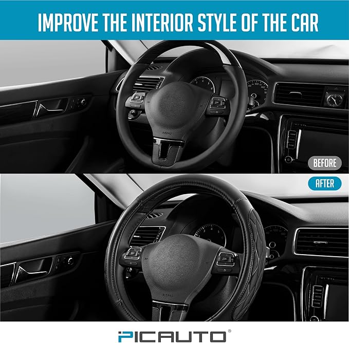 PIC AUTO Steering Wheel Cover, Black Thick Rhombic Foam and Premium Leather, Universal 14.5-15.5 Inch Breathable Anti-Slip Steering Wheels Accessories for Men & Women