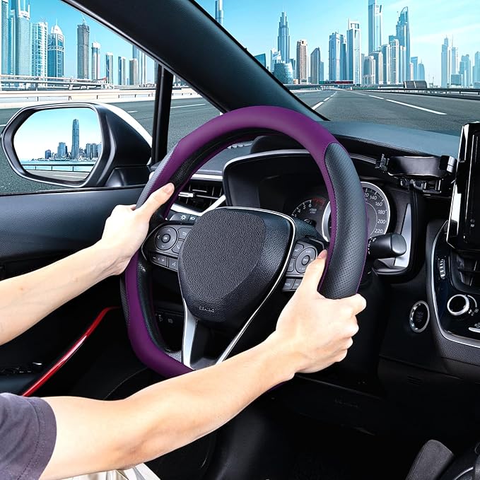 SEG Direct D Shaped Steering Wheel Cover for 14.5-15 inch Flat Bottom Wheels, Breathable Perforated Microfiber Leather, Anti-Slip Grip, Universal Fit for Cars & SUVs, Black and Dawn Purple