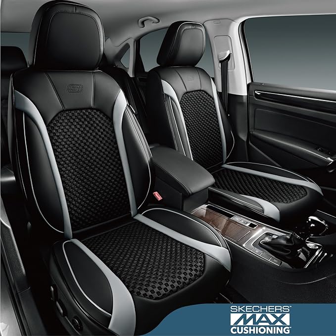 Skechers MAX Cushioning Car Seat Covers,Memory Foam Leather Seat Covers, Air Cooled Car Seat Cover Front Seats,Car Seat Cushion Airbag Universal Fit for Most Cars,Vans,Trucks,SUV,Grey