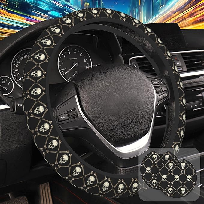 Skulls and Bones Steering Wheel Cover for Women, Anti-Slip Car Steering Wheel Cover with 2 Pcs Cup Holders Neoprene Breathable Car Accessories Universal 15 Inch Auto Interior Decor