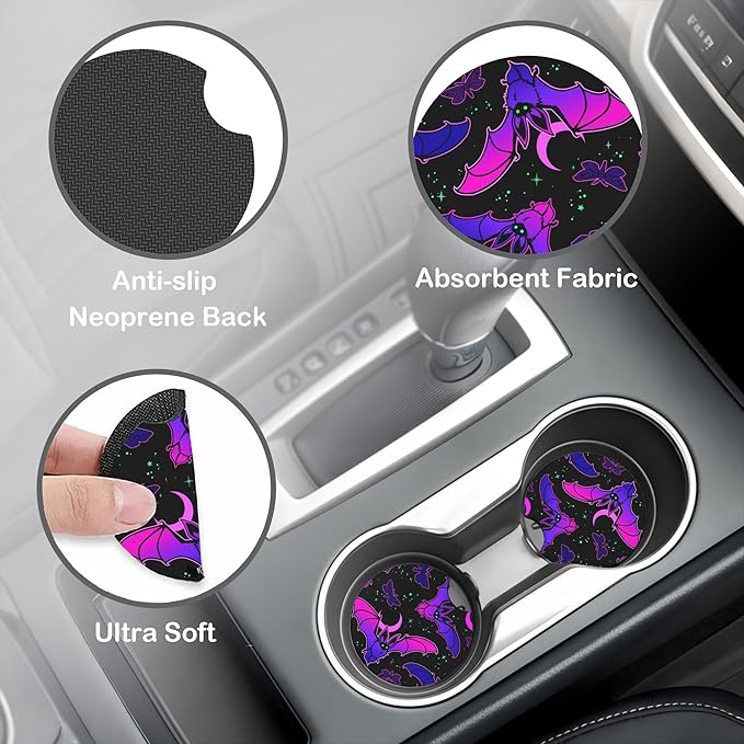 Purple Bat on Starry Sky Steering Wheel Cover with 2 Pcs Car Coasters Neoprene Steering Wheel Cover for Women Men Anti-Slip Breathable Car Accessories Universal 15 Inch Fit Auto Cars Trucks