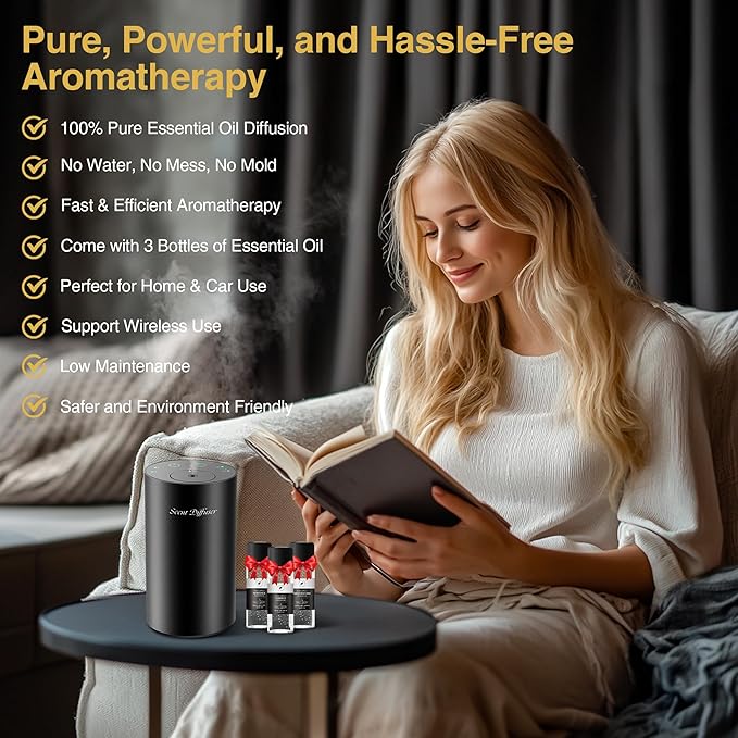 Waterless Essential Oil Diffuser Starter Kit - No Water Needed, Battery Operated Mini Scent Air Machine, Included 3x20ML Essential Oils, Portable Aromatherapy Diffuser for Home & Car, Black, 2Pack