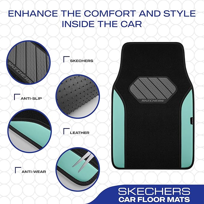 Skechers Car Floor Mats,Waterproof Universal Fit Faux Leather Car Mats,Floor Mats for Cars with Anti-Slip Heel Pad,Fit for SUVs,Vans,Sedans,Trucks,Mint
