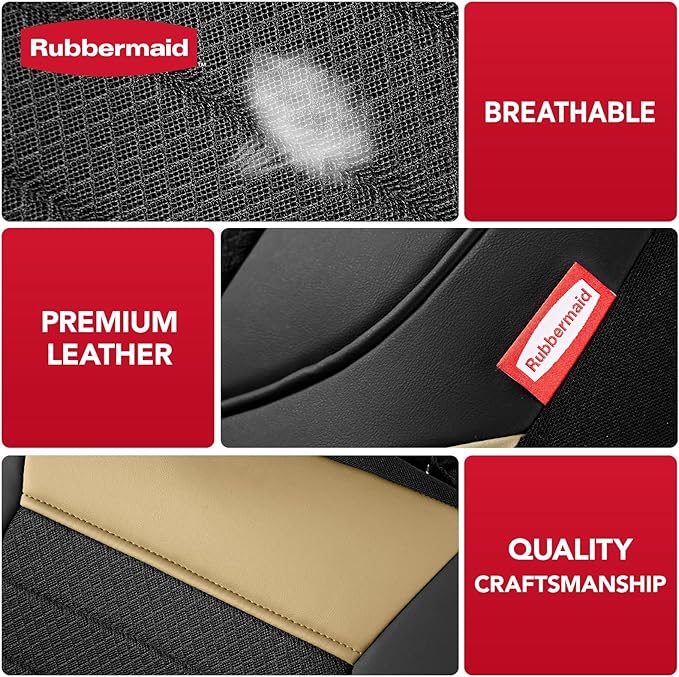Rubbermaid Car Seat Cover, Leather & Air-Cool Mesh Front Seat Cover, Airbag Compatible, Slip-On Installation, Automotive Seat Cover Universal Fit for Most Cars, Trucks, SUVs-Beige