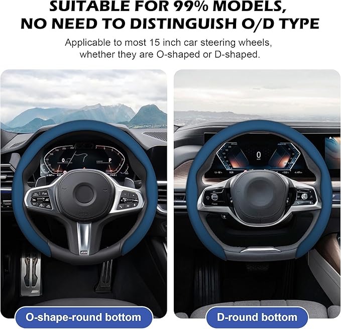 frani Leather Steering Wheel Cover, Universal 15 Inch Premium Non-Slip Steering Wheel Cover Navy Blue